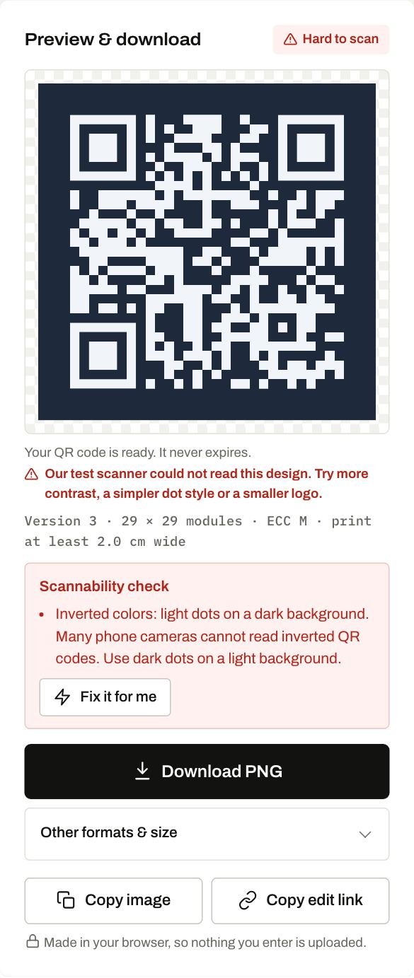 PloraKit generator warning that light dots on a dark background are hard to scan, with a Fix it for me button