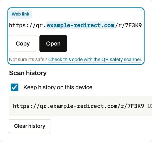 The PloraKit QR scanner showing the full link stored in a scanned code, with Copy and Open buttons