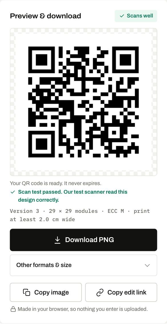 A finished static QR code in the PloraKit generator with the message: Your QR code is ready. It never expires.