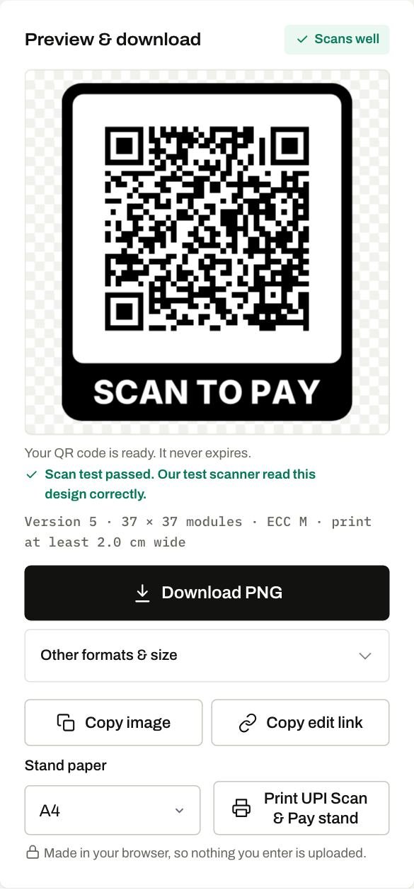 A UPI payment QR code for Sharma General Store with a Scan to pay frame in the PloraKit generator