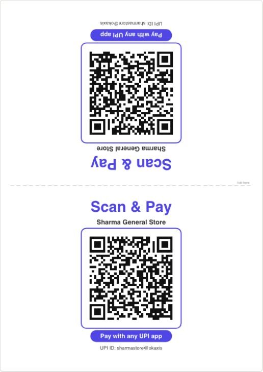 Preview of a fold-in-half UPI Scan and Pay counter stand with the shop name and UPI ID